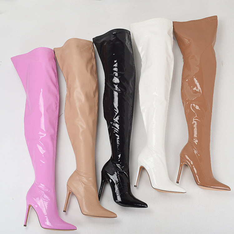 Large size super high heel stretch patent leather stovepipe over-the-knee boots