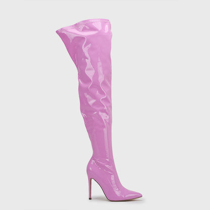 Large size super high heel stretch patent leather stovepipe over-the-knee boots